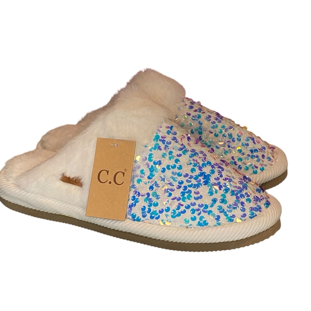 CC Sequin Slippers White Womens Size 8-10 M-L NWT New Slides Shoes Faux Fur - Picture 2 of 8